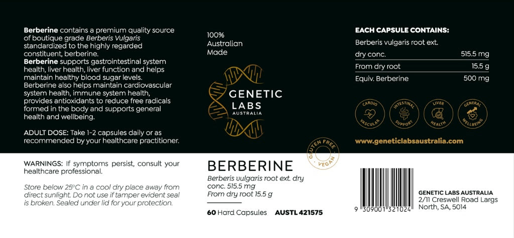 3 Month Supply of Berberine Supplements | 180 x 500mg | Antioxidant | Australian Made - Genetic Labs Australia