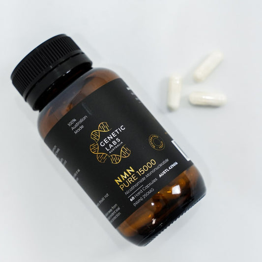 Bottle of Genetic Labs Australia NMN Pure 15000 supplement lying on its side.