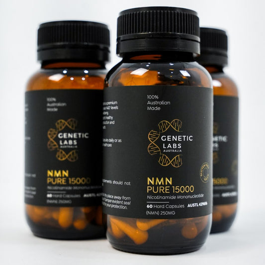 Three bottles of Genetic Labs Australia NMN Pure 15000, featuring 250mg NMN per capsule with black and gold labels, 100% Australian made.