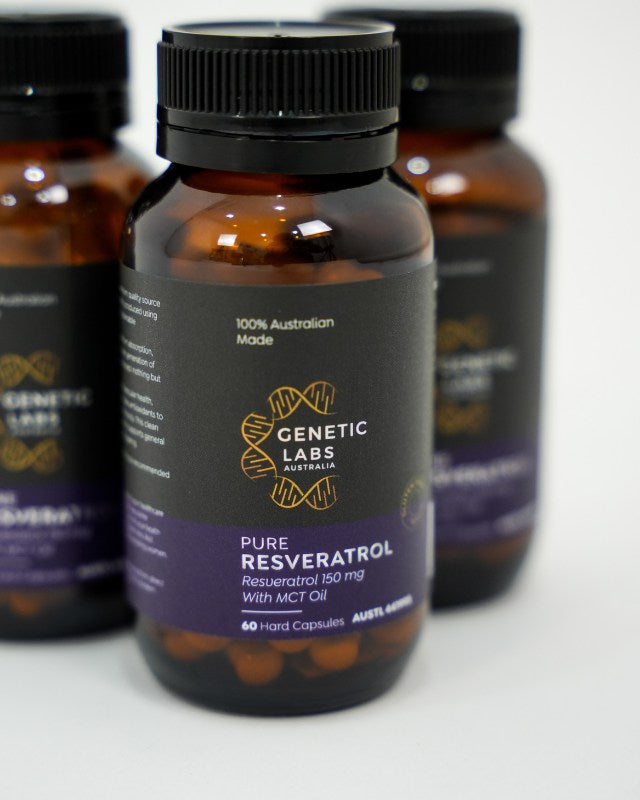 Genetic Labs Australia Resveratrol 3-month supply label, 150mg pure resveratrol, TGA compliant, third-party tested.