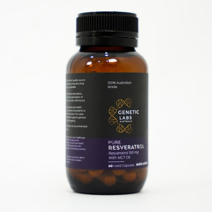 Genetic Labs Australia Pure Resveratrol bottle, featuring 150mg Resveratrol with MCT oil, 100% Australian made.